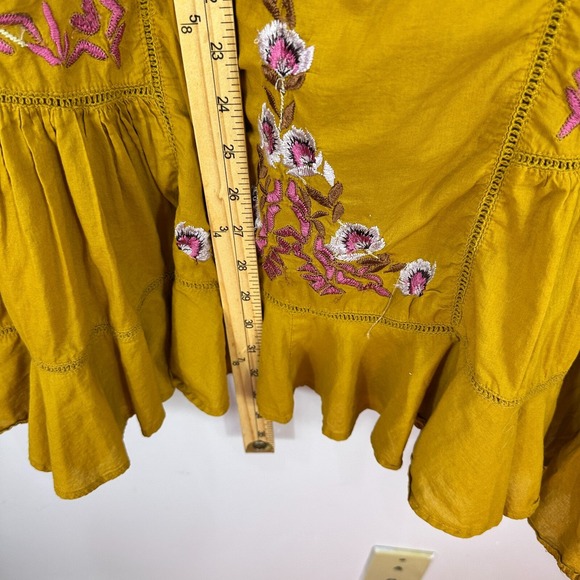 Free People Mini Dress XS Mustard Yellow Boho Embroidered Ruffle Hippie Festival - Picture 4 of 6